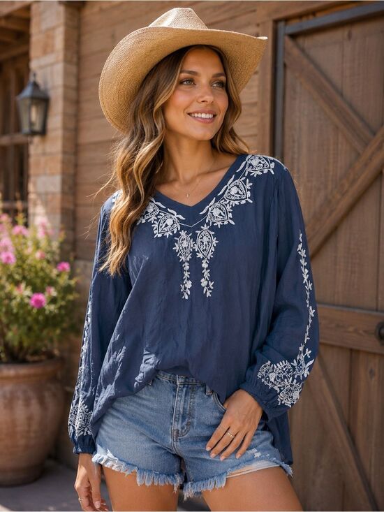 Scully Tops - Scully Blue White Floral V-Neck Tunic Blouse Sz XL Western Cottage Prairie Rodeo